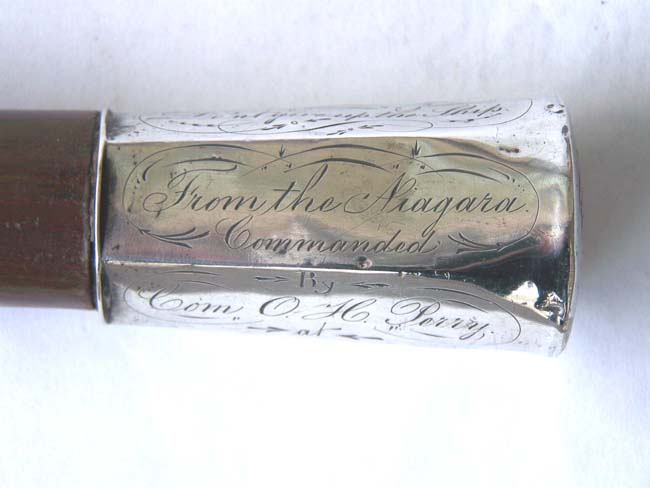 An Historically Important and Exceptionally RARE 19th century Silver Mounted Presentation Walking Stick made from wood salvaged from the War of 1812 Brig NIAGARA Commanded by Commodore Oliver H. Perry at the Battle of Lake Erie, Sept. 10, 1813.